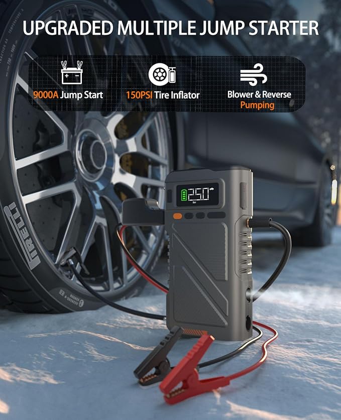Car Jump Starter with Air Compressor 9000A, 9 in 1 Jumper Box - Image 2