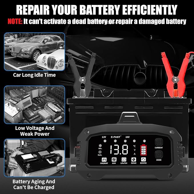 E-FAST 25A Battery Charger, 12/24V All in One Lifepo4 Lead Acid Car Battery - Image 5