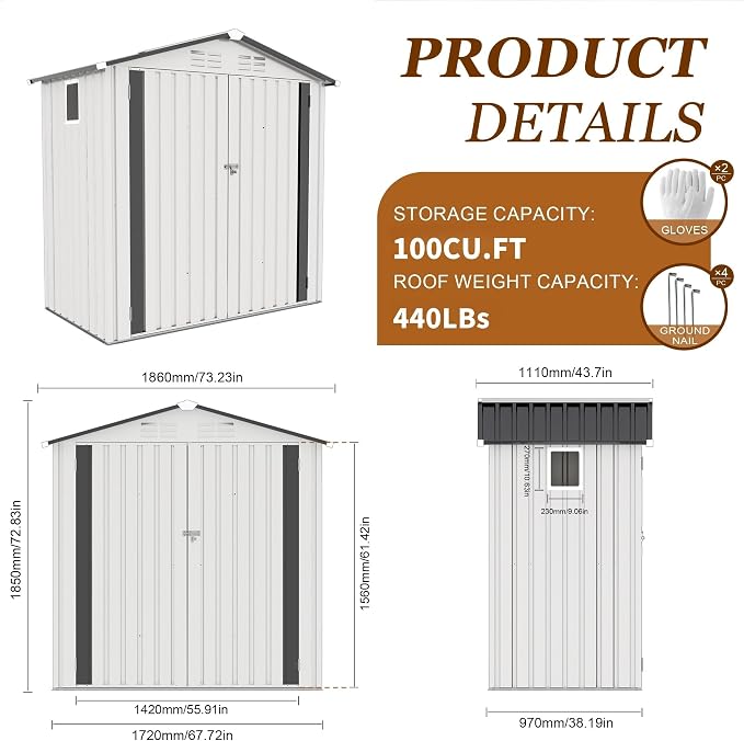 6x3.6FT Storage Shed, Outdoor Galvanized Steel Garden Shed - Image 6