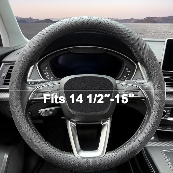 LKWLIKEI Nappa Leather Steering Wheel Cover, Elegant Diamond Checkered Design - Image 4