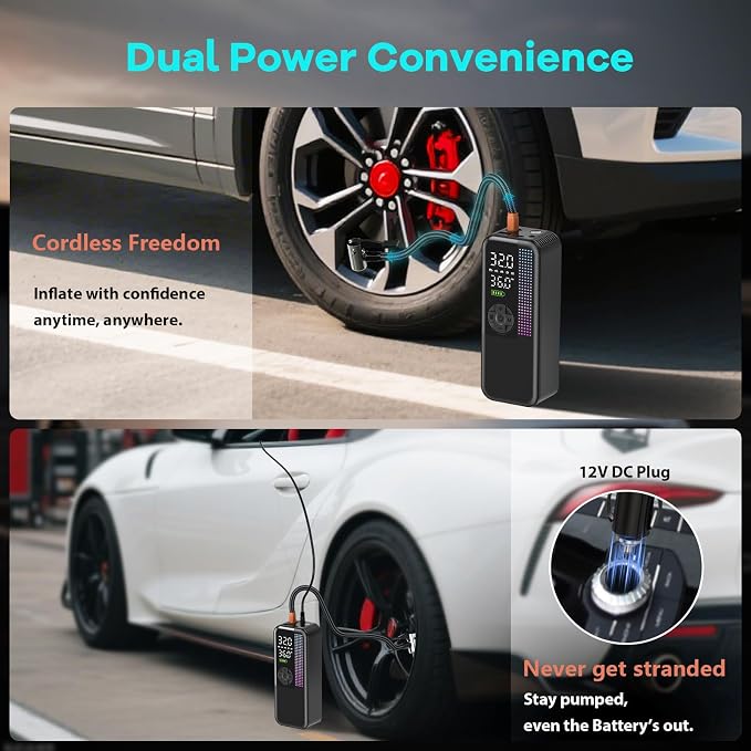 Tire Inflator Portable Air Compressor, 150 PSI Cordless Air Pump, Dual Power - Image 6