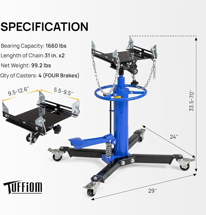 TUFFIOM Transmission Jack, 1660 lbs 3/4-Ton Hydraulic 2-Stage High Lift - Image 6