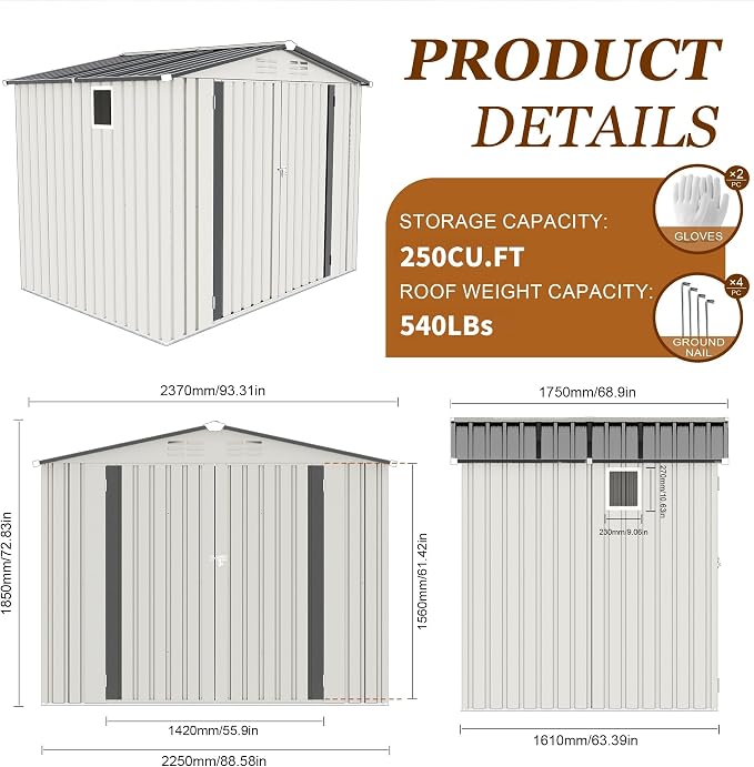 8x5.7x6FT Storage Shed, Outdoor Galvanized Steel Garden Shed - Image 6