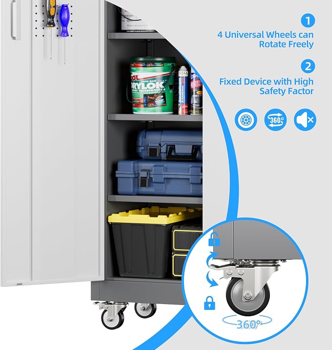 Metal Garage Cabinet with Wheels and Pegboard 71'' x 32'' x 16'', Lockable - Image 6