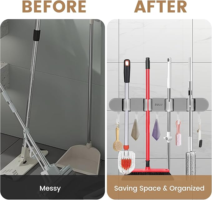 2Pcs Broom Mop Holder with Hooks Wall Mounted Broom Storage Rack No Drilling - Image 4