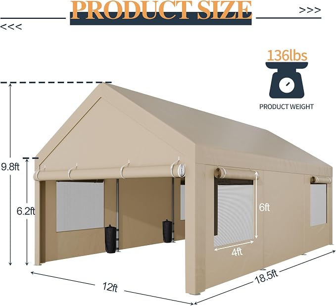 Shintenchi Carport 12' x 20' Heavy Duty Portable Garage, Car Port Canopy - Image 3