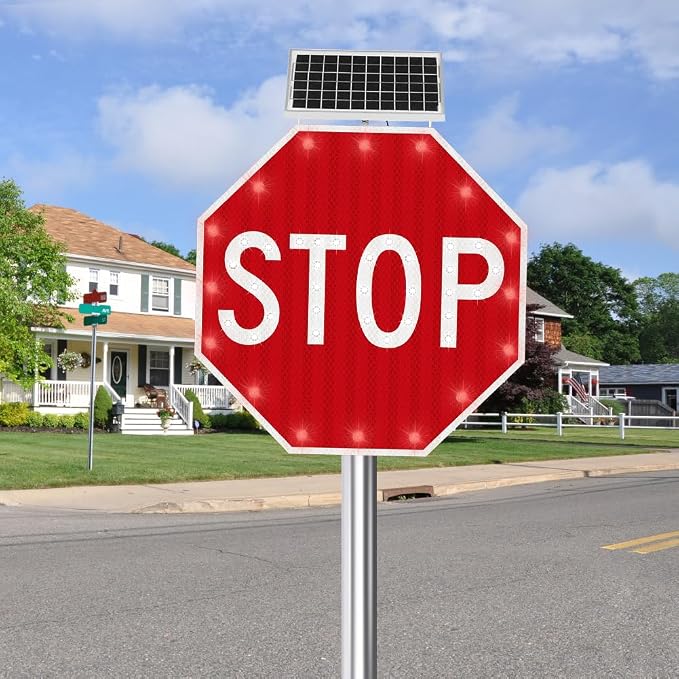 30" Solar Stop Sign Solar Powered LED Blinking Reflective Street Traffic - Image 2