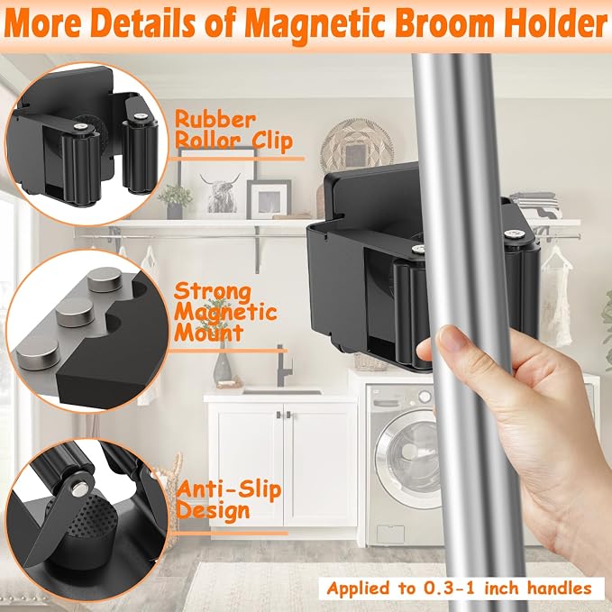 4 Pack Strong Magnetic Mop Broom Holder, Heavy Duty Magnetic Broom Mop Hanger - Image 2