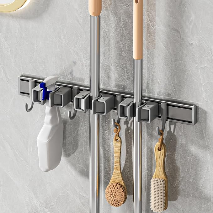 Broom Holder Wall Mount Movable Hooks and Clips Mop and Broom Hanger Wall by Unknown