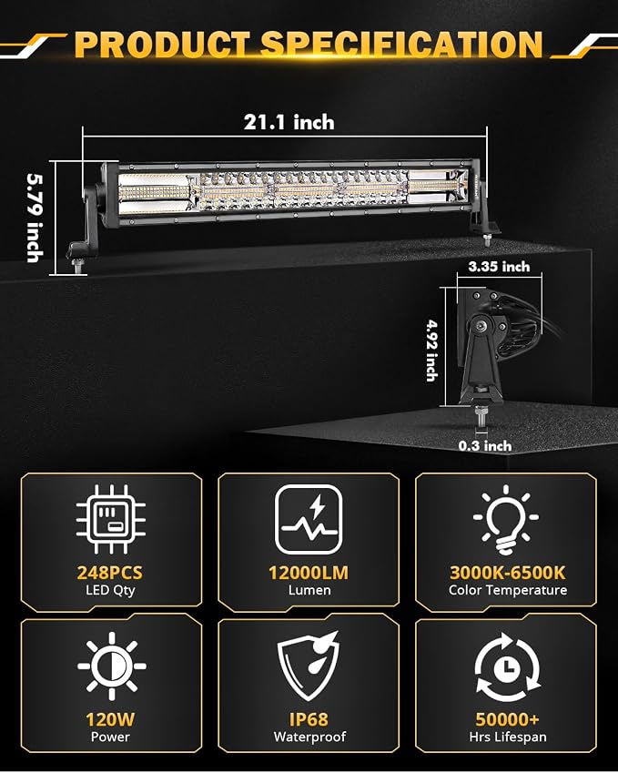 Auxbeam 22 Inch LED Light Bar, 120W 6 Modes Amber White Strobe Fog Lights - Image 5