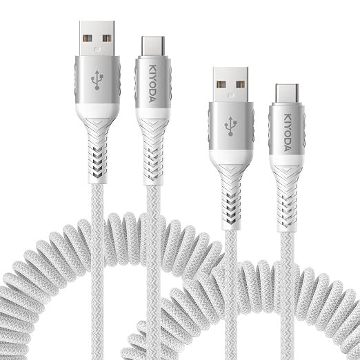 Coiled USB to USB C Cable for Car 3FT/6FT, USBC Cables Fast Charging Braided by KIYODA