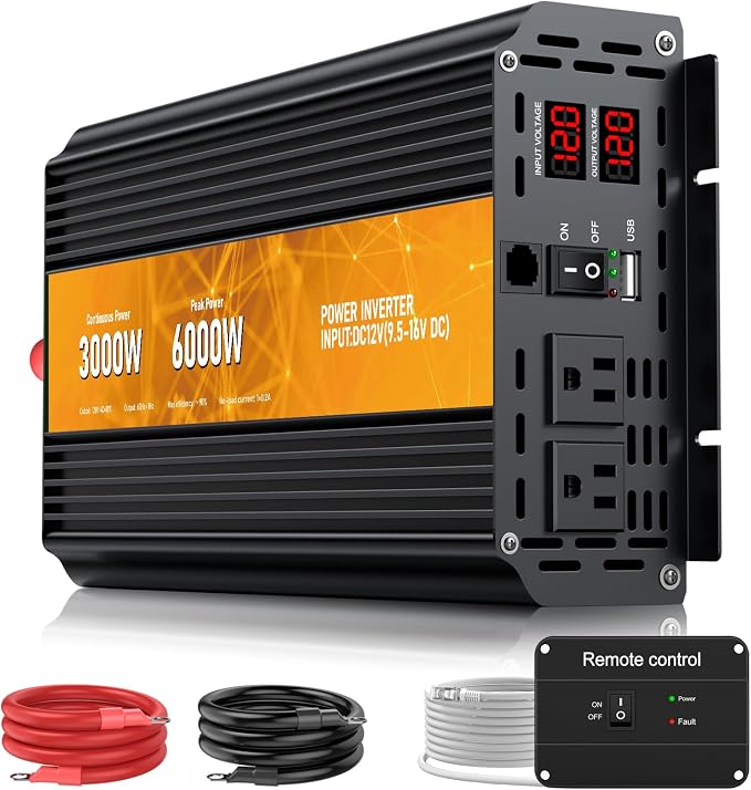 3000W Power Inverter, Peak Power 6000W 12V DC to AC 110V120V, Remote Control by HONOURLIGHT