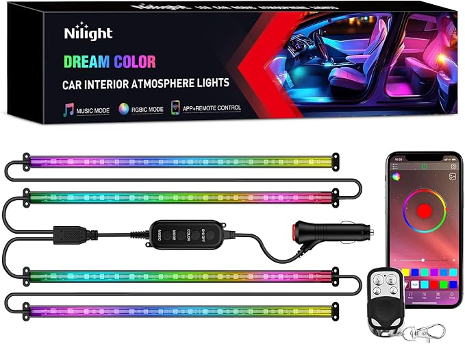 Nilight 4PCS Interior Car Strip Lights Cigarette Lighter Dream Color RGB-IC 12V by Nilight