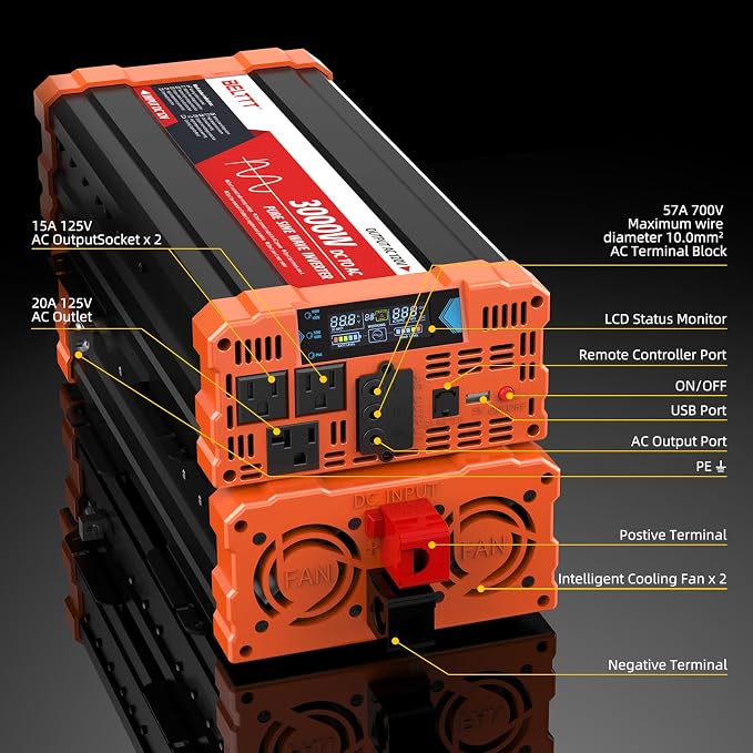 BELTTT 3000W Pure Sine Wave Inverter 12V DC to 120V AC - Image 6