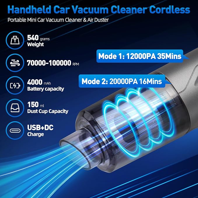 Handheld Car Vacuum Cleaner Cordless, High-Power Brushless 20000PA Mini Hand - Image 3
