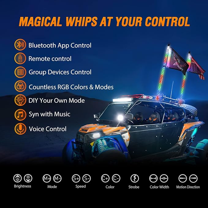 Nilight 2PCS 4FT RGB LED Whip Lights, Remote App Control w/DIY Chasing Patterns - Image 2