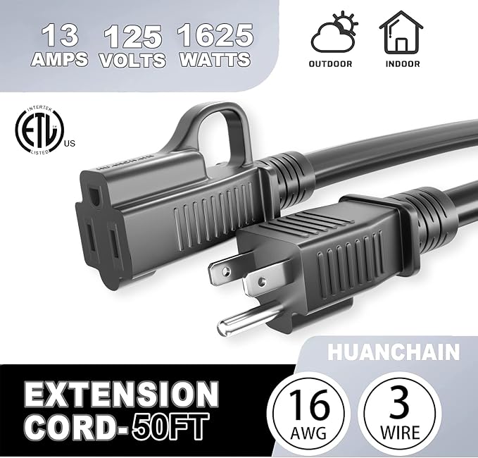 HUANCHAIN Indoor Outdoor Black Extension Cord 50 ft Waterproof, 16/3 Gauge - Image 7