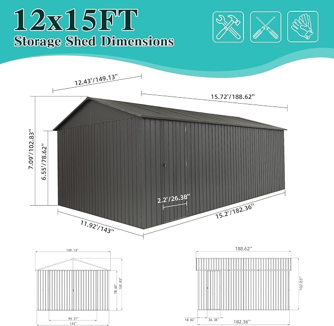 Domi 12x15FT Outdoor Metal Garage Shed, Extra Large Carport - Image 7