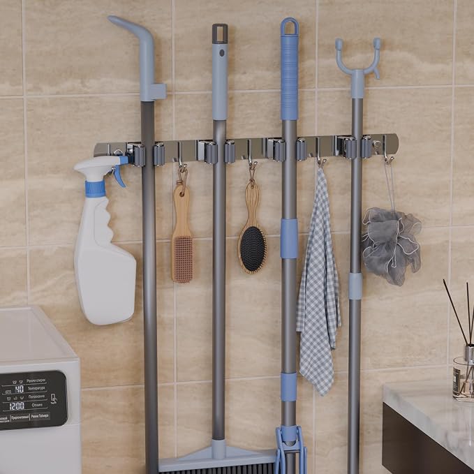 Wall Mounted Broom and Mop Organizer, Heavy Duty Stainless Steel Storage Rack - Image 7