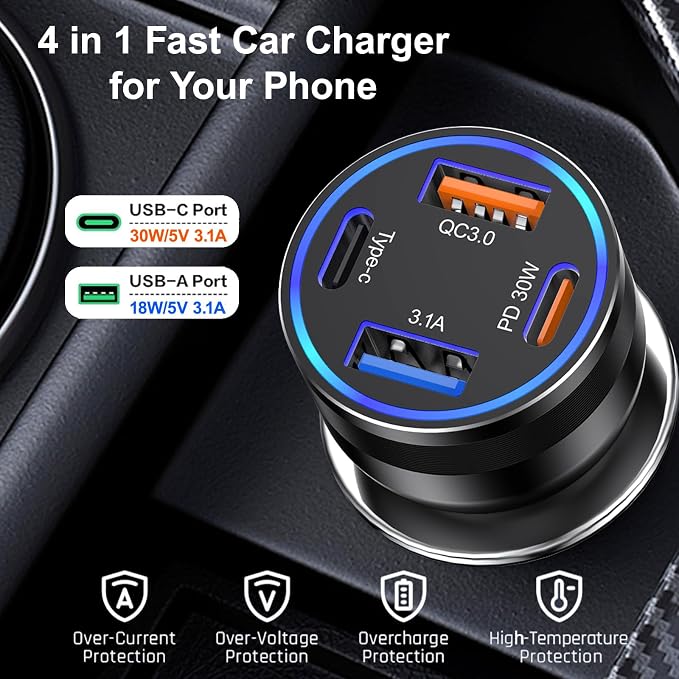 Car Charger USB C Fast Charging, 65W 4-Port Fast Car Phone Charger Accessories - Image 6