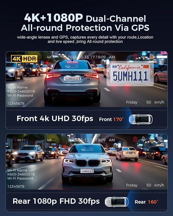 K600 4k Dash Cam Front and Rear, 3.59" IPS Screen, Built-in GPS 5G WiFi Dash - Image 5