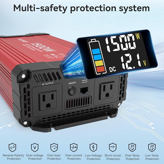 ALLWEI 1500W Pure Sine Wave Inverter 12V DC to 110V AC Converter, Surge 3000W | - Image 3