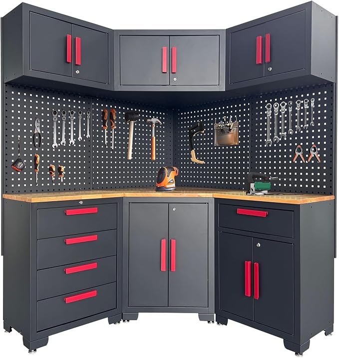 Red Garage Cabinet Storage System 10-Pcs Corner Workshop Set Garage Cabinet and - Image 8
