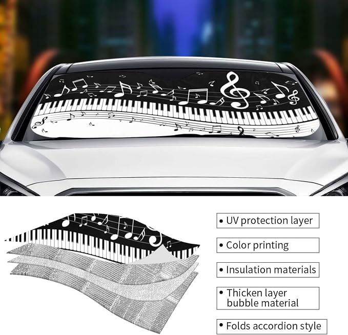 Black White Music Car Windshield Sunshade Front Window Sun Visor Protector - Image 5