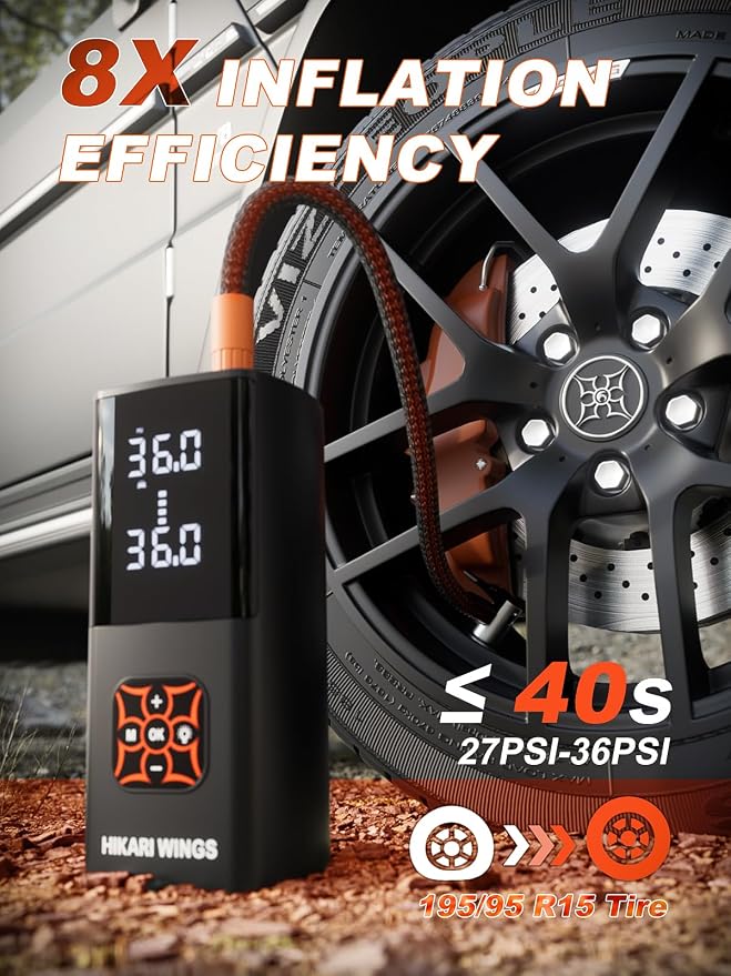 HIKARI Tire Inflator Portable Air Compressor-8X Faster, 000mAh Battery - Image 2