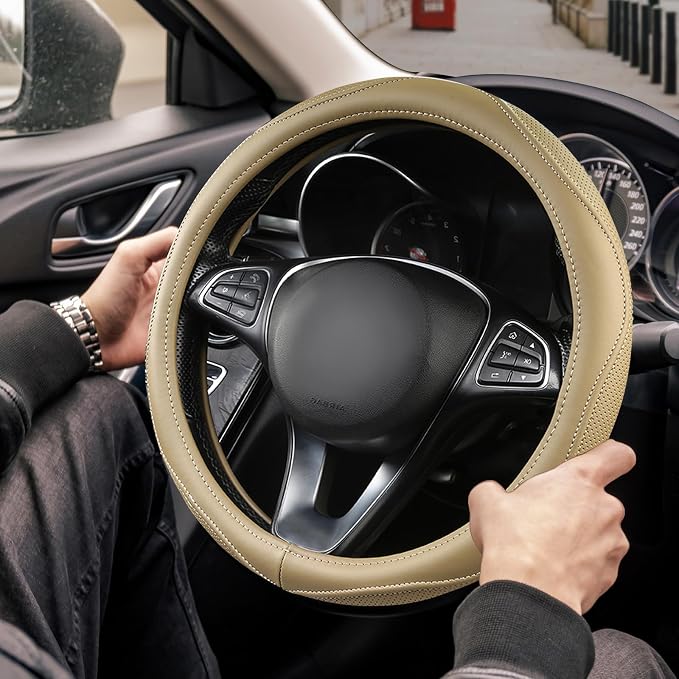 High-Grade Beige Genuine Leather Steering Wheel Cover - Image 2