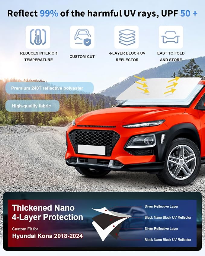 Sunshade Custom Fit 2018-2024 2025 Hyundai Kona Windshield Sun Shade, Front - Image 2