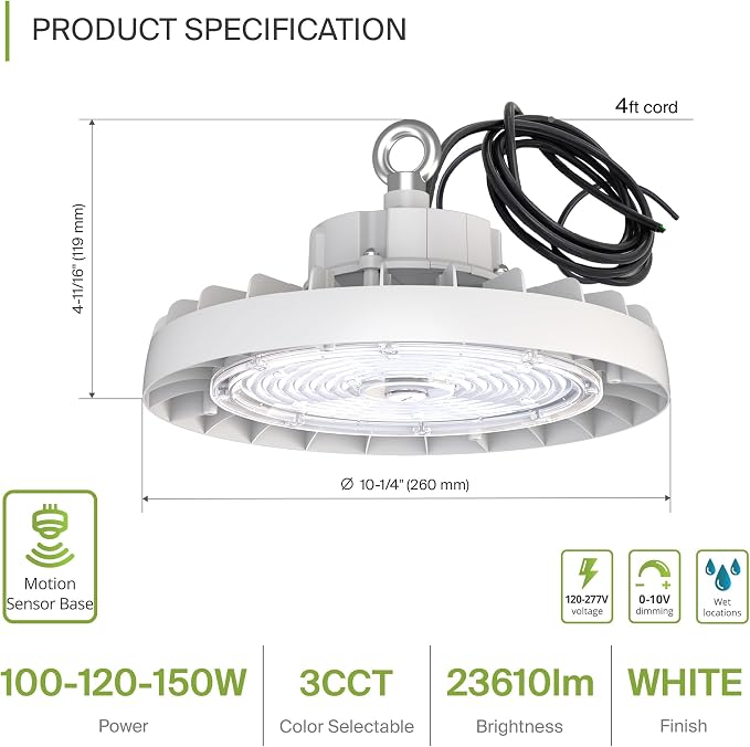 ASD LED High Bay UFO Light Fixture, Commercial Shop Lighting | 3CCT, IP69K - Image 2