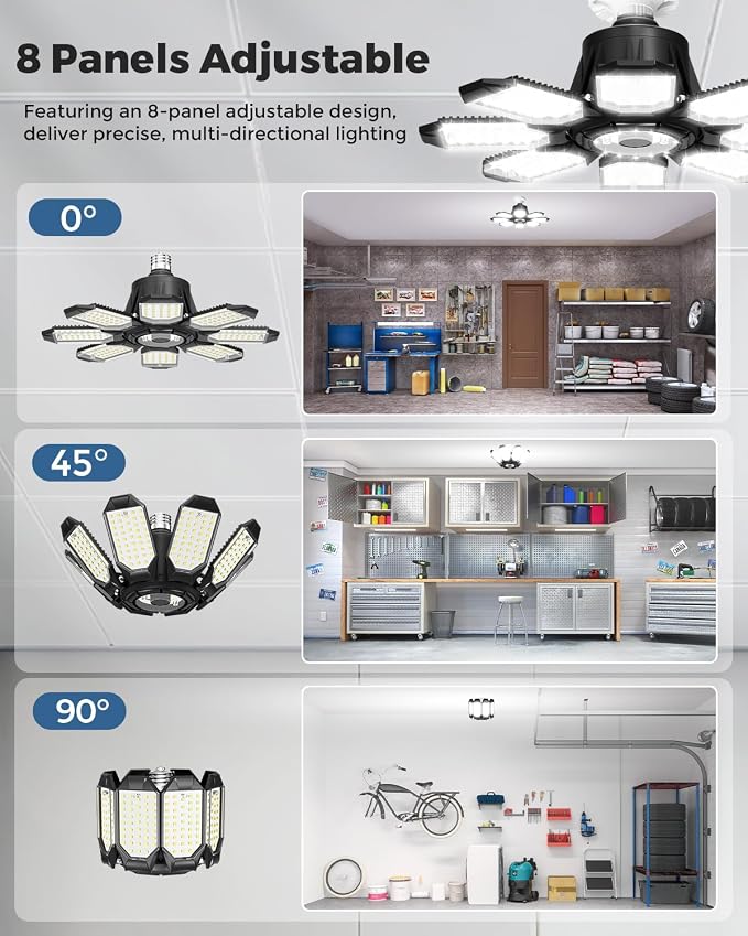 Adiding LED Garage Ceiling Lights 2 Pack w/ 8+1 Adjustable Panel, Super Bright - Image 7