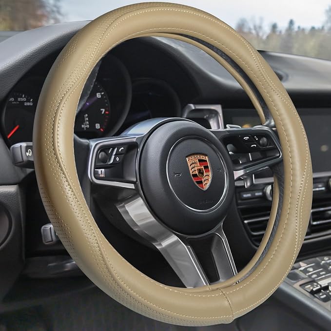 HAOKAY Top Grade Beige Genuine Leather Steering Wheel Cover Men Women, Luxury by HAOKAYAUTOPRODUCTS