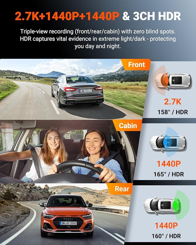 Vantrue N4S 3 Channel Front Inside Rear Dash Cam, 2.7K+1440P+1440P WiFi Dash - Image 2
