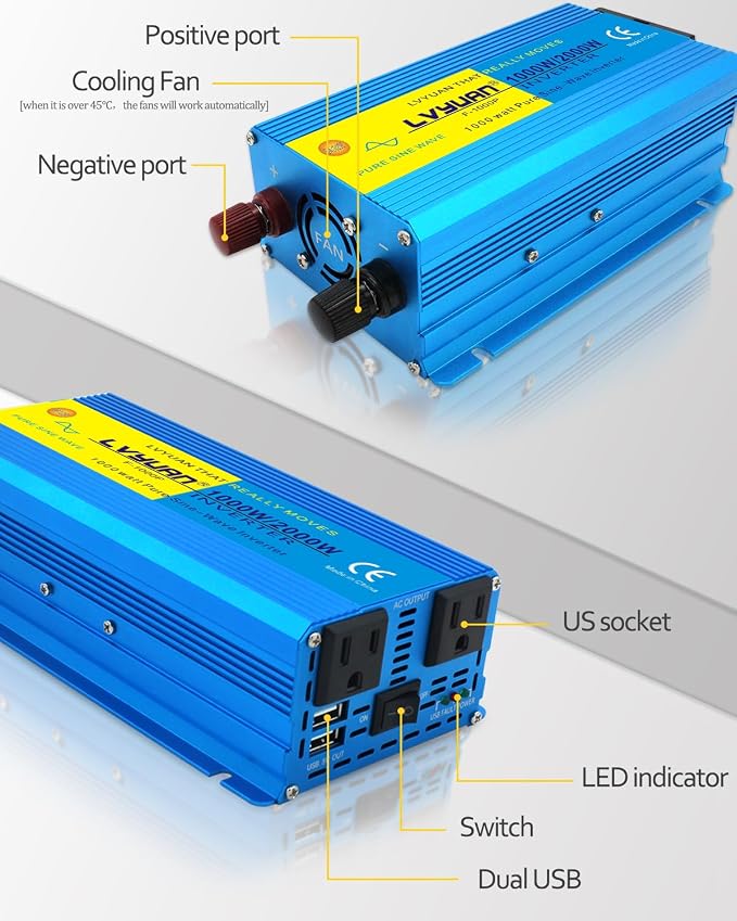 LVYUAN 1000 Watt Pure Sine Wave Inverter 12V to 110V 120V DC to AC - Image 2