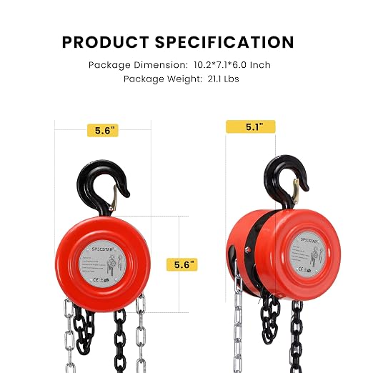 SPECSTAR Hand Chain Hoist 1 Ton 2200 Lbs Capacity 10 Feet - Image 7