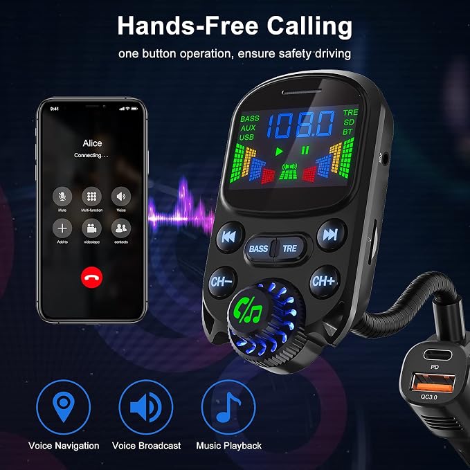Bluetooth 5.3 FM Transmitter for Car- SOARUN Bluetooth Car Adapter PD30W & USB - Image 4