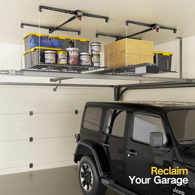 Overhead Garage Storage Rack, 4x4 Ft Adjustable Garage Ceiling Storage Lift - Image 2