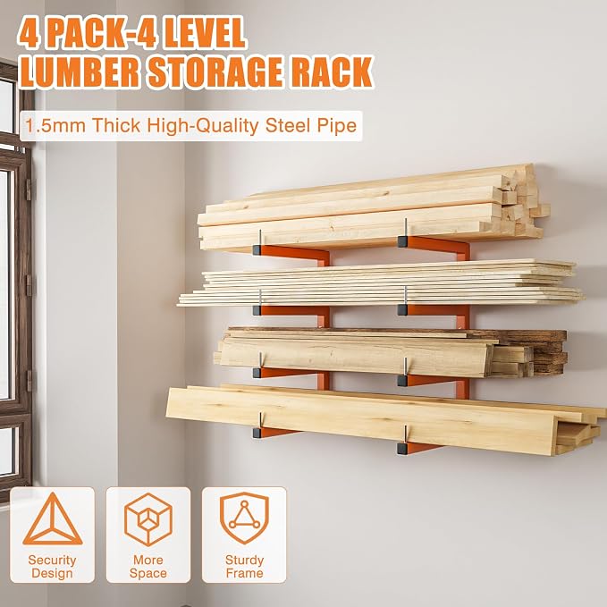 4-Pack Lumber Storage Rack, Wood Storage Racks Wall Mount, Heavy Duty Garage - Image 2