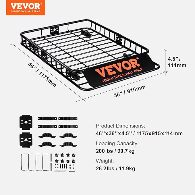 VEVOR Roof Rack Cargo Basket, Heavy-Duty 200 LBS Capacity Universal Roof Rack - Image 6