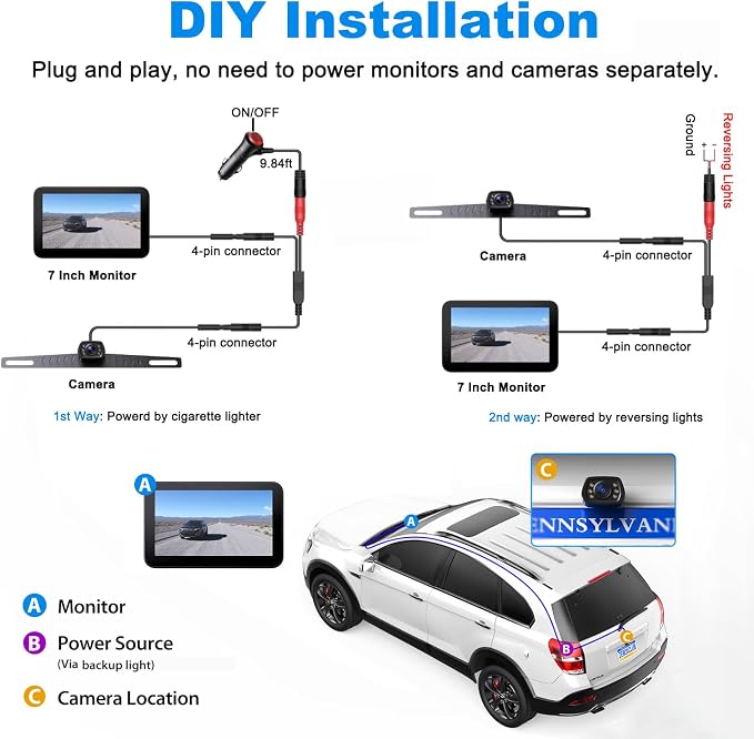 Wired Backup Camera Kit with 7" Monitor, HD 1080P Display - Image 2