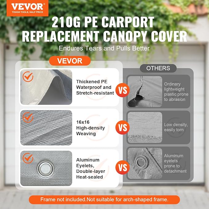 VEVOR Carport Replacement Canopy Cover 10 x 20 ft, Garage Top Tent Shelter Tarp - Image 2