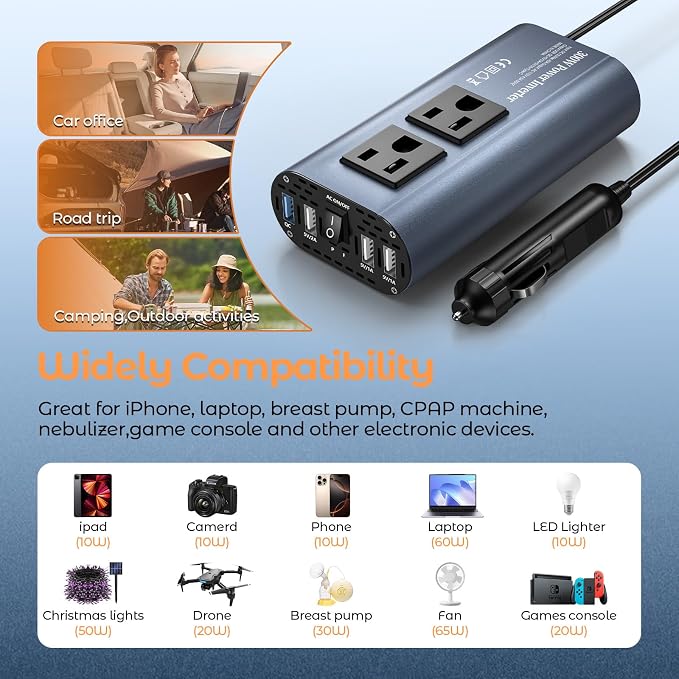 300W Car Power Inverter, DC 12V to 110V AC Car Plug Adapter Outlet - Image 9