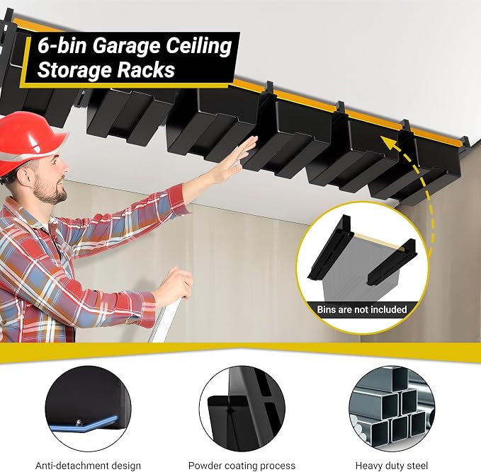 6-bin Overhead Garage Storage Rack, Ceiling Storage Racks Heavy Duty, Powder - Image 3