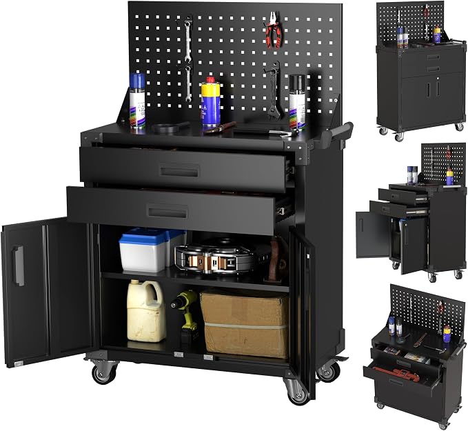 Black Tool Cart with Pegboard and 4 Hooks, Garage Storage Cabinet on Wheels by SUXXANFurniture