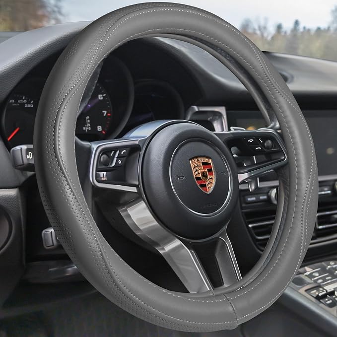 HAOKAY Top Grade Gray Genuine Leather Steering Wheel Cover Men Women, Luxury by HAOKAYAUTOPRODUCTS