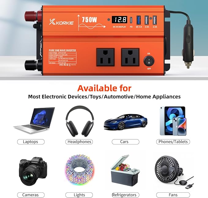 750W Pure Sine Wave Inverter, Car Power Inverter, 12V DC to 110V AC Power - Image 4