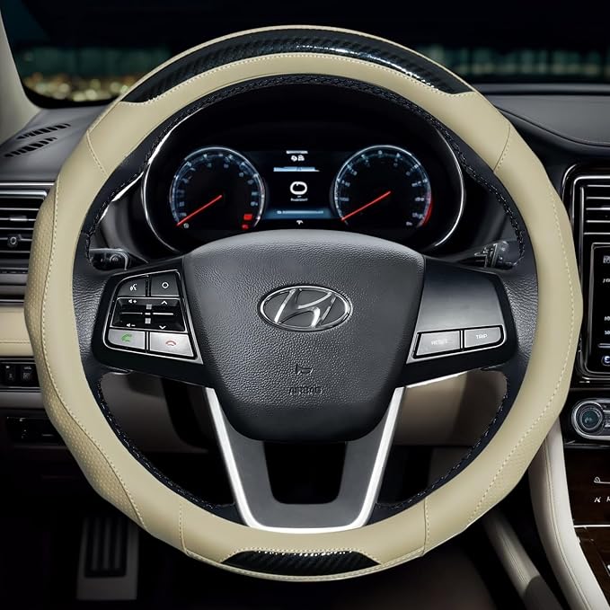 Car Steering Wheel Cover with Cup Coasters, Universal 15 inch Leather Carbon - Image 2