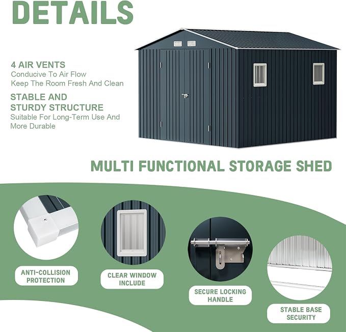 Breezz Outdoor Storage Shed 10 x 10 ft. Utility Tool Shed Metal Storage Garden - Image 2